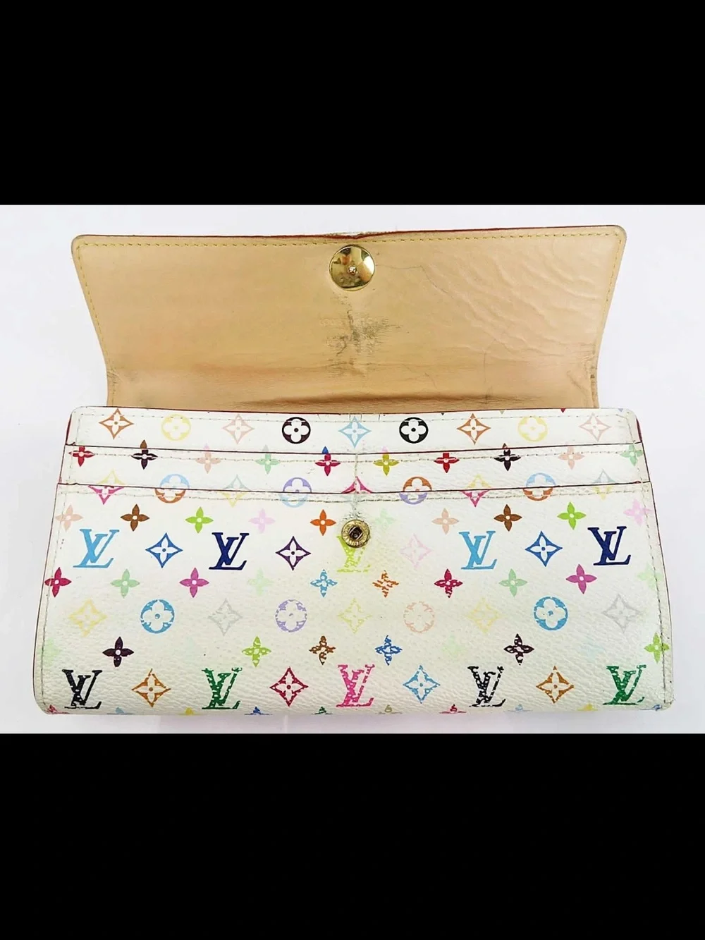 Louis Vuitton Multicolor Monogram White Canvas Wallet with Gold Button